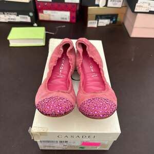 Casadei Pink Suede Rhinestone-Encrusted Toe Elasticated Ballet Flats size 39 8.5